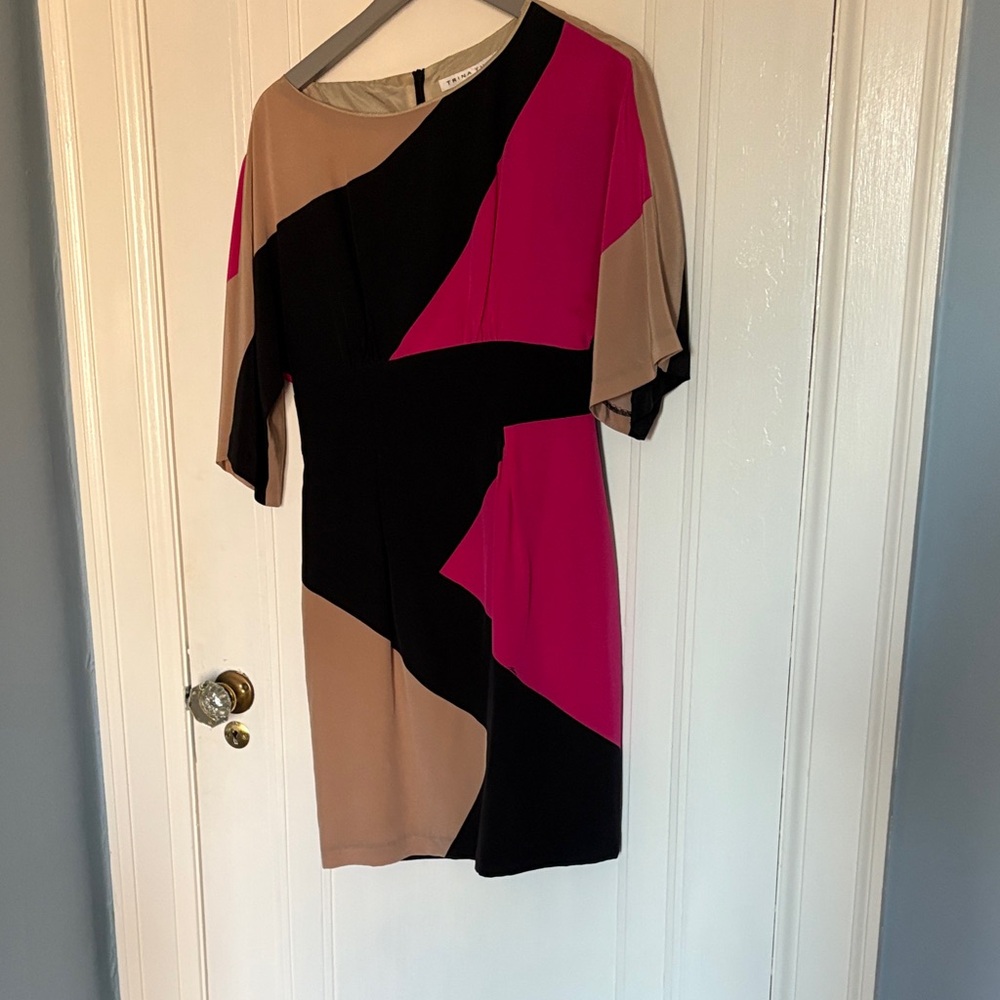 Trina Turk Colorblock Asymmetrical Dress in Black, Pink, and Tan